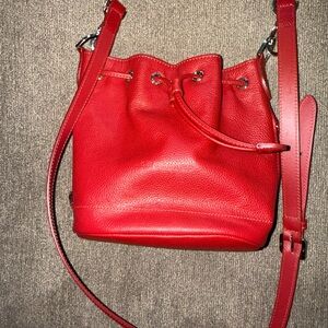 Longchamp Le Foulonné Red Leather Drawstring Bucket Crossbody Bag